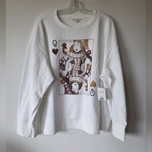 NWT - Lucky Brand Women's White Graphic Sweater - Queen Of Hearts